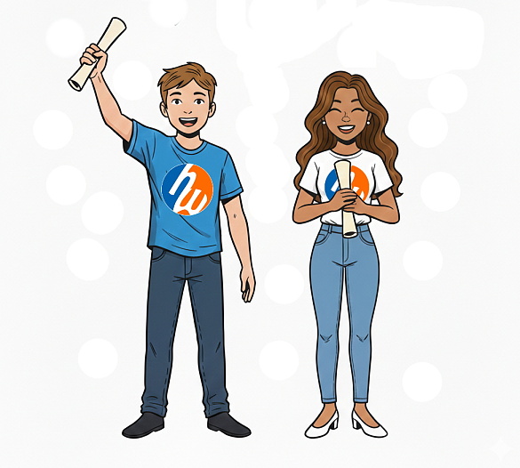 Schülerin und Schüler als  Symbolzeichnung mit Zeugnis in der Hand